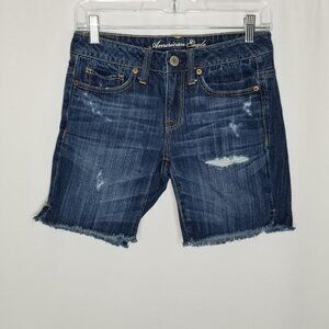 American Eagle Women's 00 Dark Wash Distressed Cut Off Denim Jean Shorts